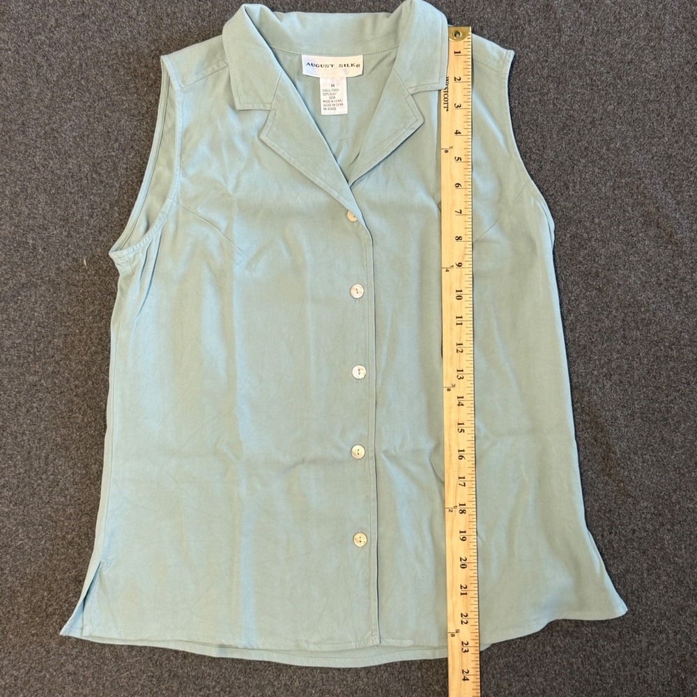 August Silk Womens 100% Silk Sleeveless Button Down Top Sage Green Herringbone M - Picture 5 of 5